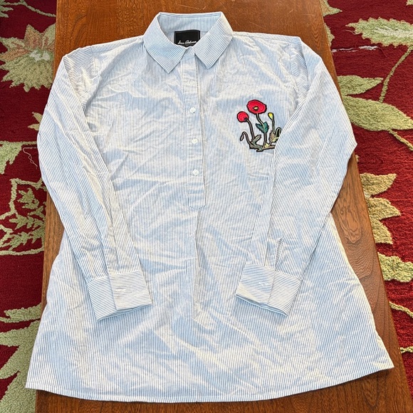 Sam Edelman Pin Striped Shirt Dress or Nightshirt with Floral Embroidery Large - Picture 3 of 9